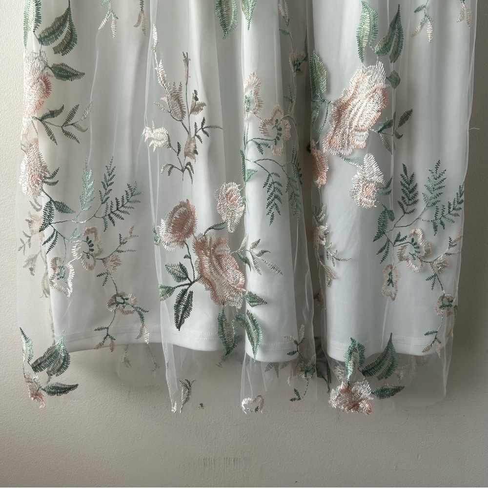 Polagram Floral Appliqué Tulle Midi Dress White Green Pink M - Picture 6 of 12